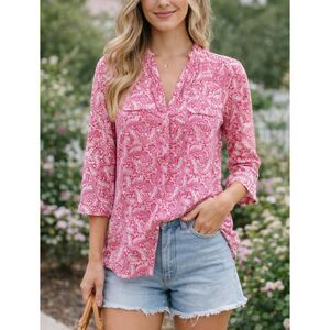 TOMMY HILFIGER Pink Cotton Floral Paisley Medium Women's Half Button Tunic Shirt